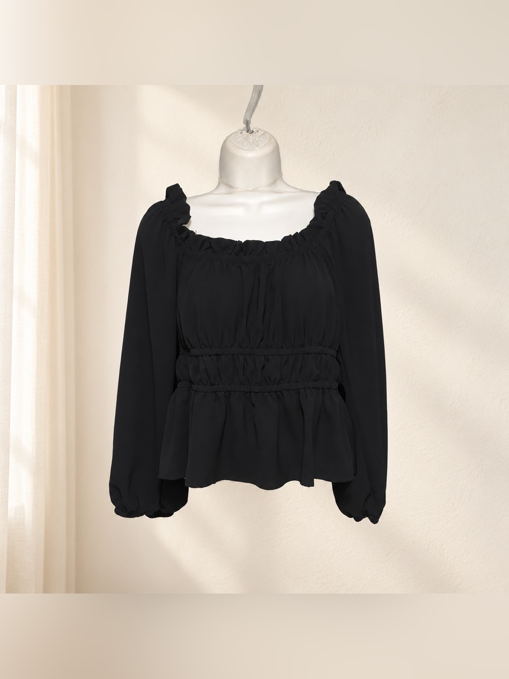 Sofia Jeans by Sofia Vergara Black Square-Neck Peplum Blouse — Small